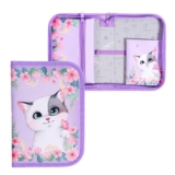 Пенал школьный твердый 140 х 210 х 40 мм, откидной карман и косметичка, тканевый, Calligrata Content «Котик в цветах»