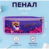 Пенал-косметичка школьный, 2 отделения, 80 х 210 х 40 мм, «Совушка»